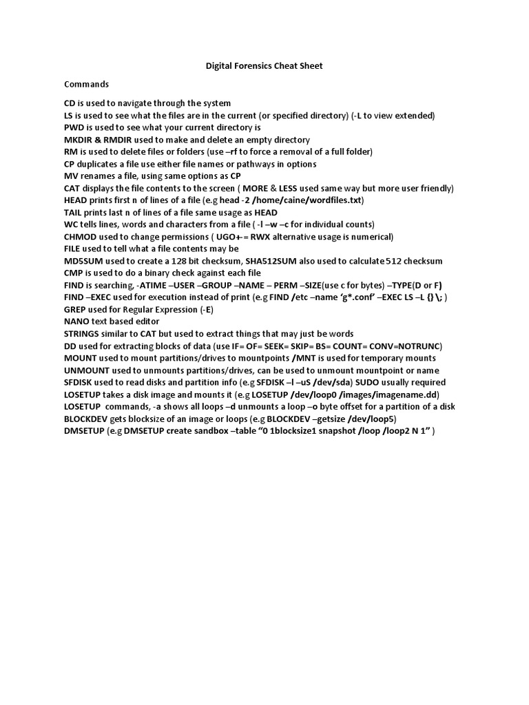 Digital Forensics Command Cheat Sheet | PDF
