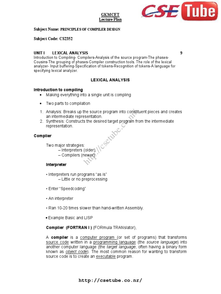 CS2352 - Principles of Compiler Design PDF | PDF