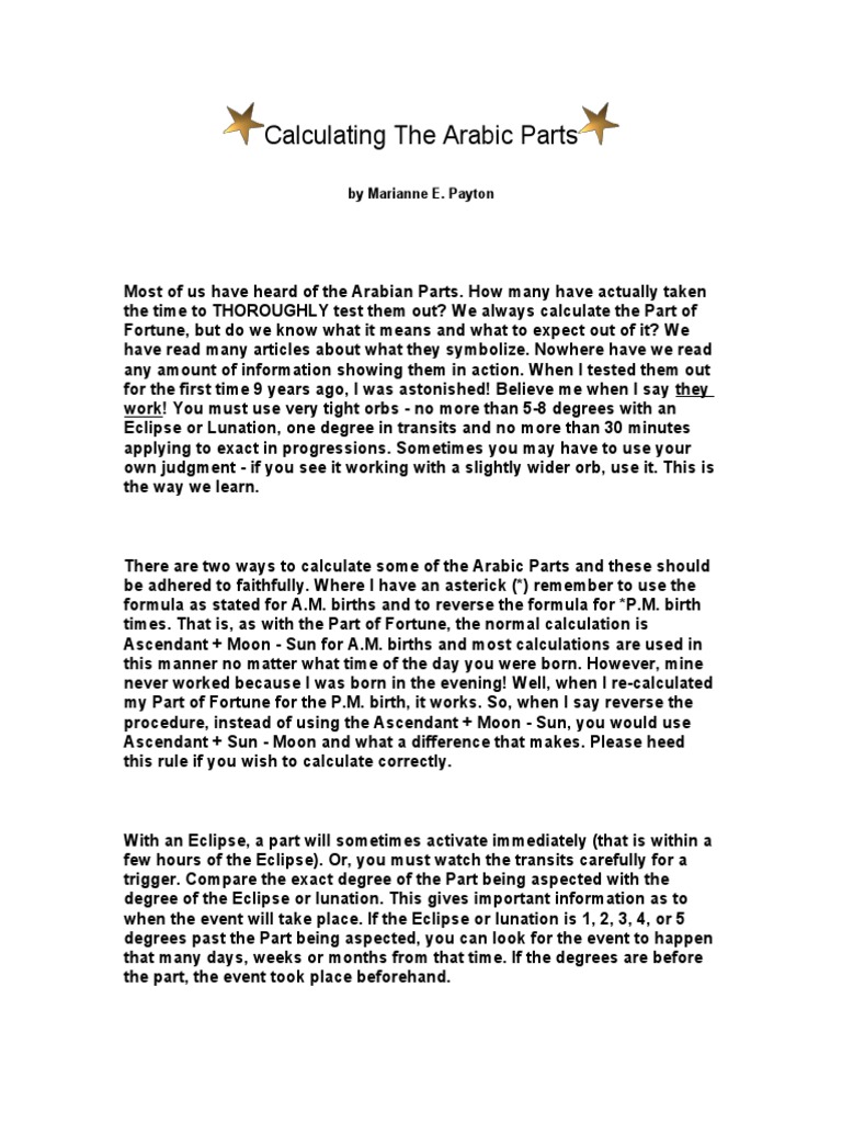Arabic Parts In Astrology Science