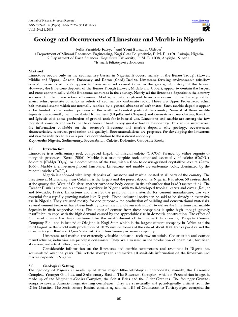 Geology and Occurrences of Limestone and Marble in Nigeria PDF PDF