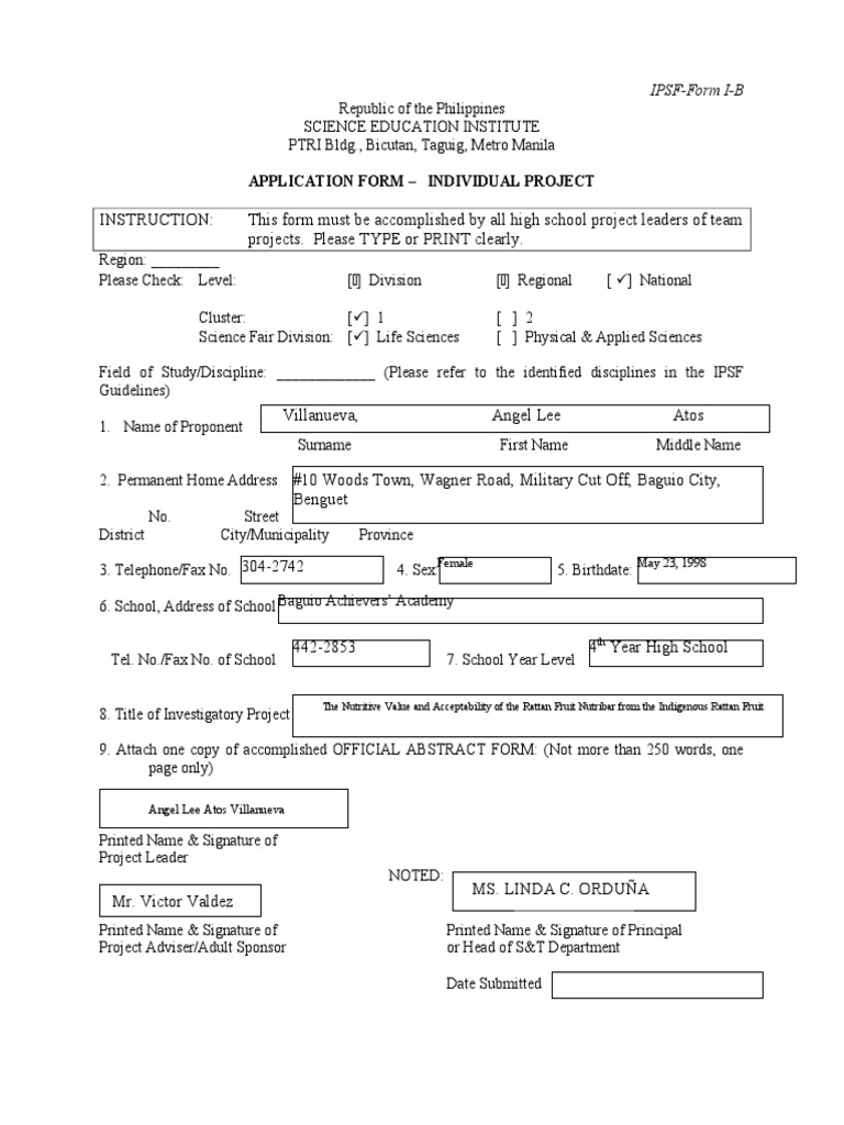 High School Science Fair Entry Form | PDF