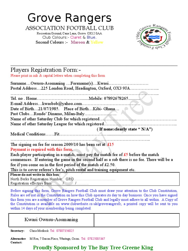 Grove Rangers FC Player Registration Form | PDF | Business | Sports