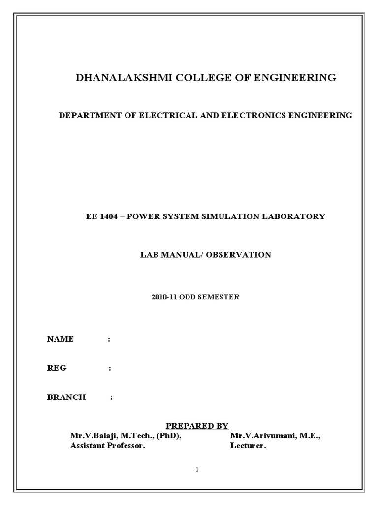 Power System Simulation Lab Manual | PDF | Steady State | Matrix ...