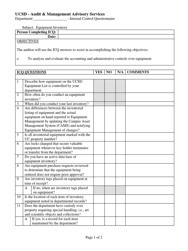 Equipment Inventory Control Audit ICQ | PDF | Inventory | Audit