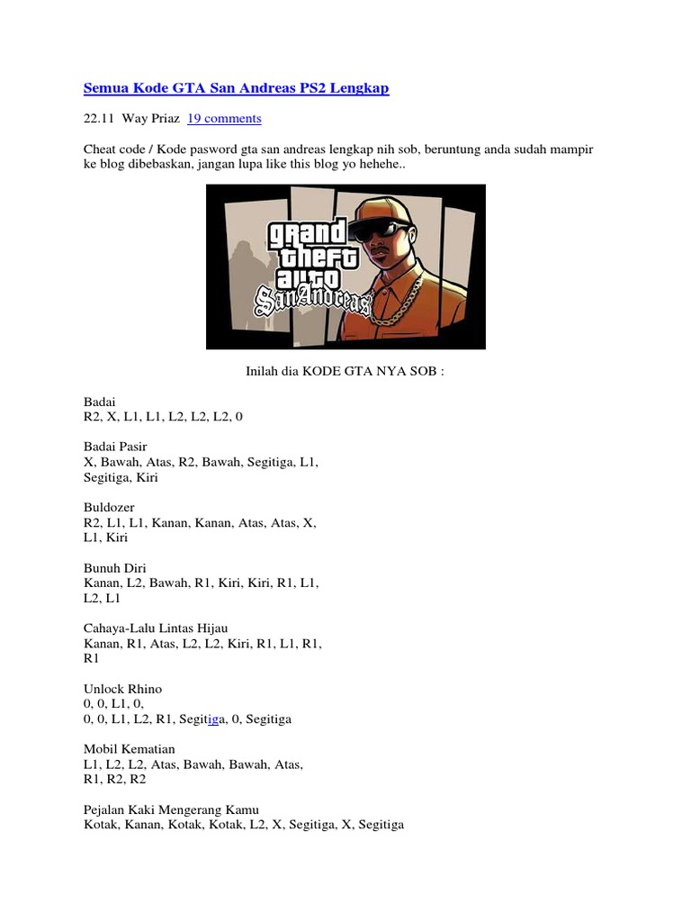 Semua Kode Gta San Andreas Ps2 Lengkap