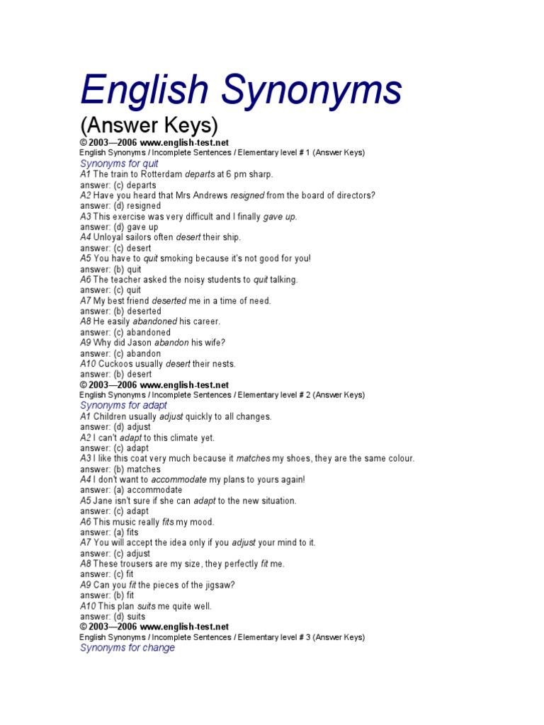 Synonyms Key PDF