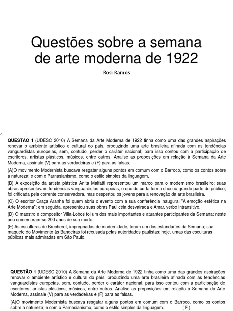 Questões sobre a semana de arte moderna de Modernismo Artes (Geral)