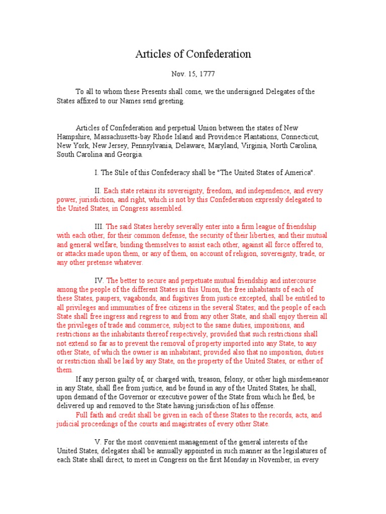 Articles of Confederation Overview | PDF | United States Congress ...