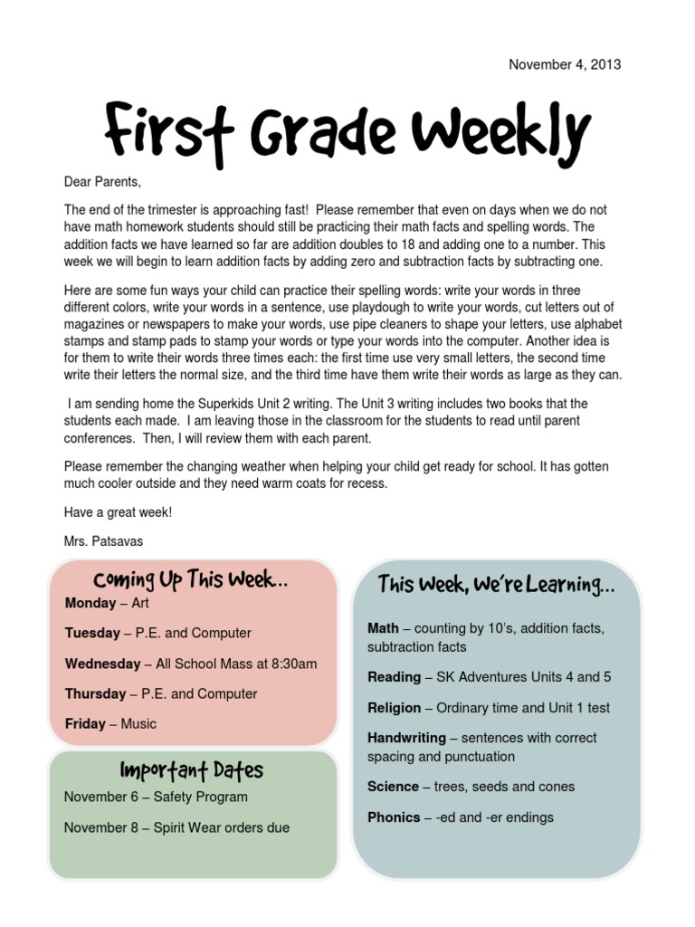 First Grade Newsletter | PDF | Language Arts & Discipline | Foreign ...