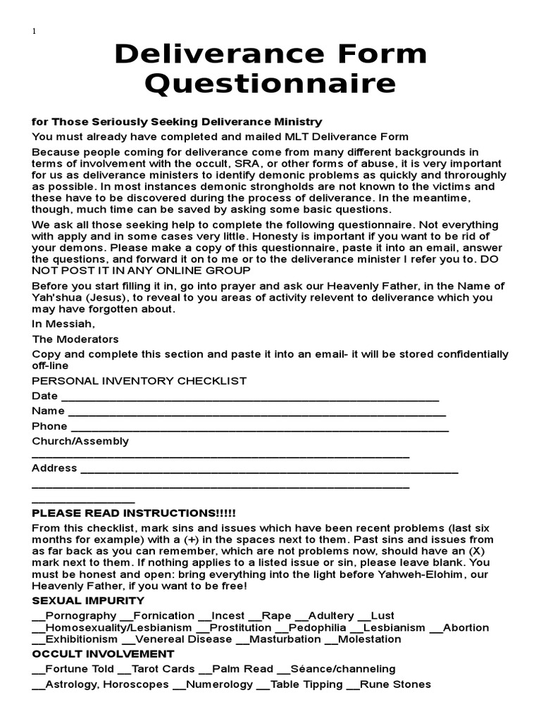 Deliverance Form PDF