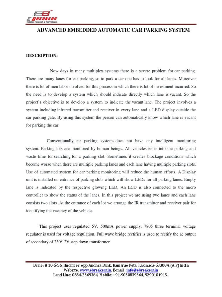 Advanced Embedded Automatic Car Parking System: Description | PDF