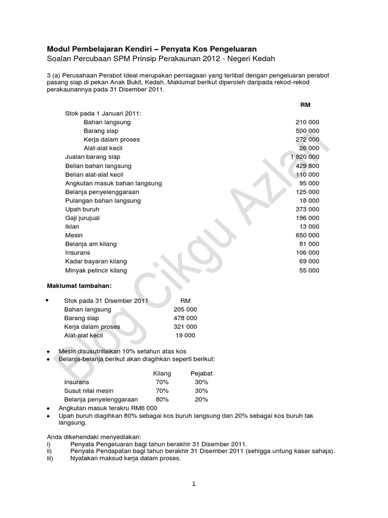 Penyata Kos Pengeluaran Pdf