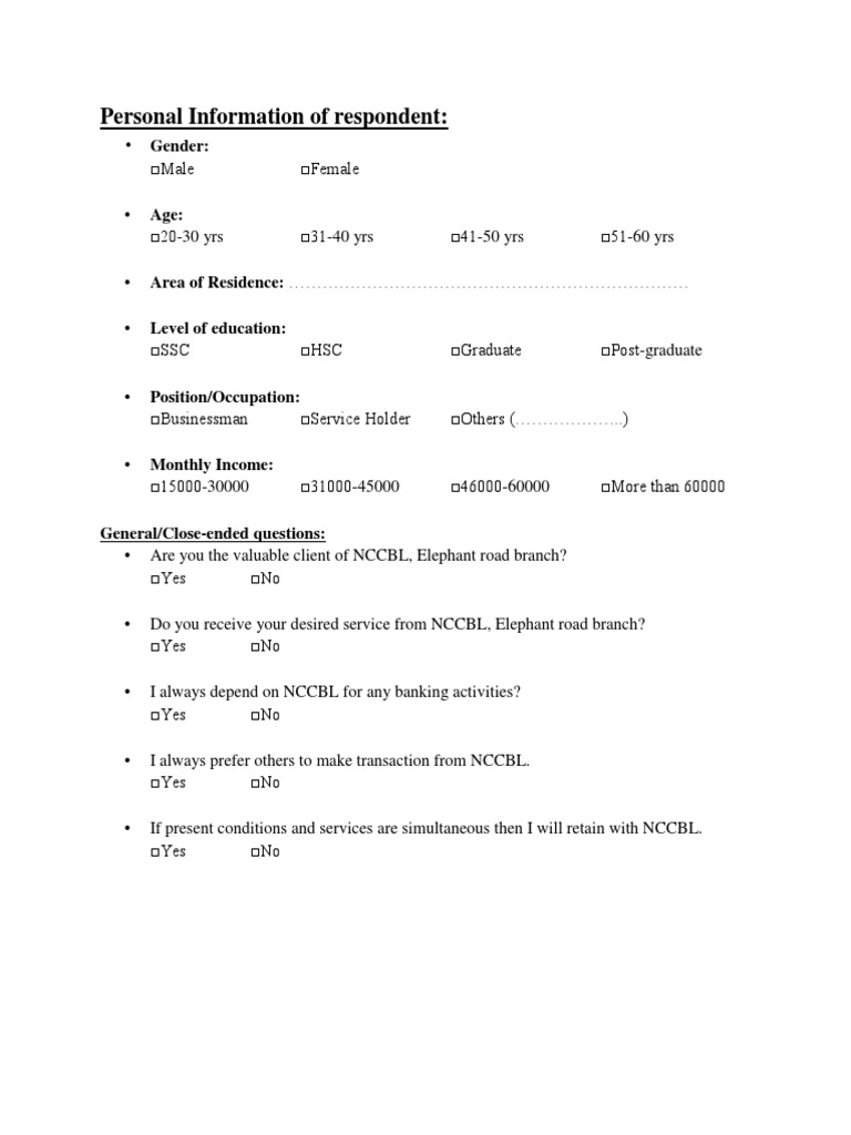 Sample Questionnaire for bank Banks Loans