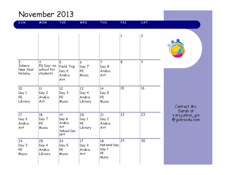 November 2013 School Events Calendar | PDF | Art