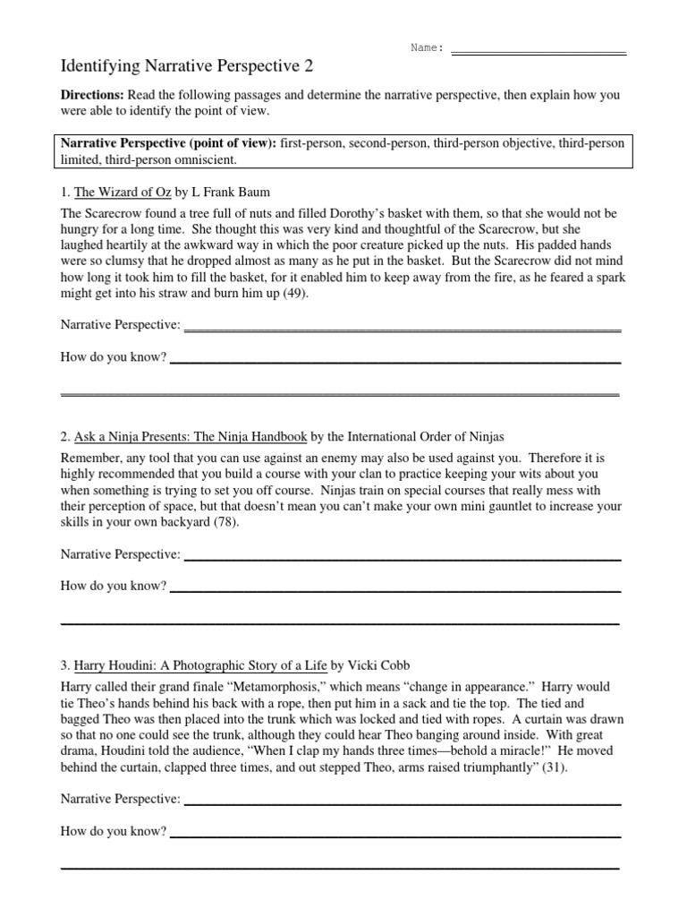 Point of View Worksheet 2 PDF PDF Narration