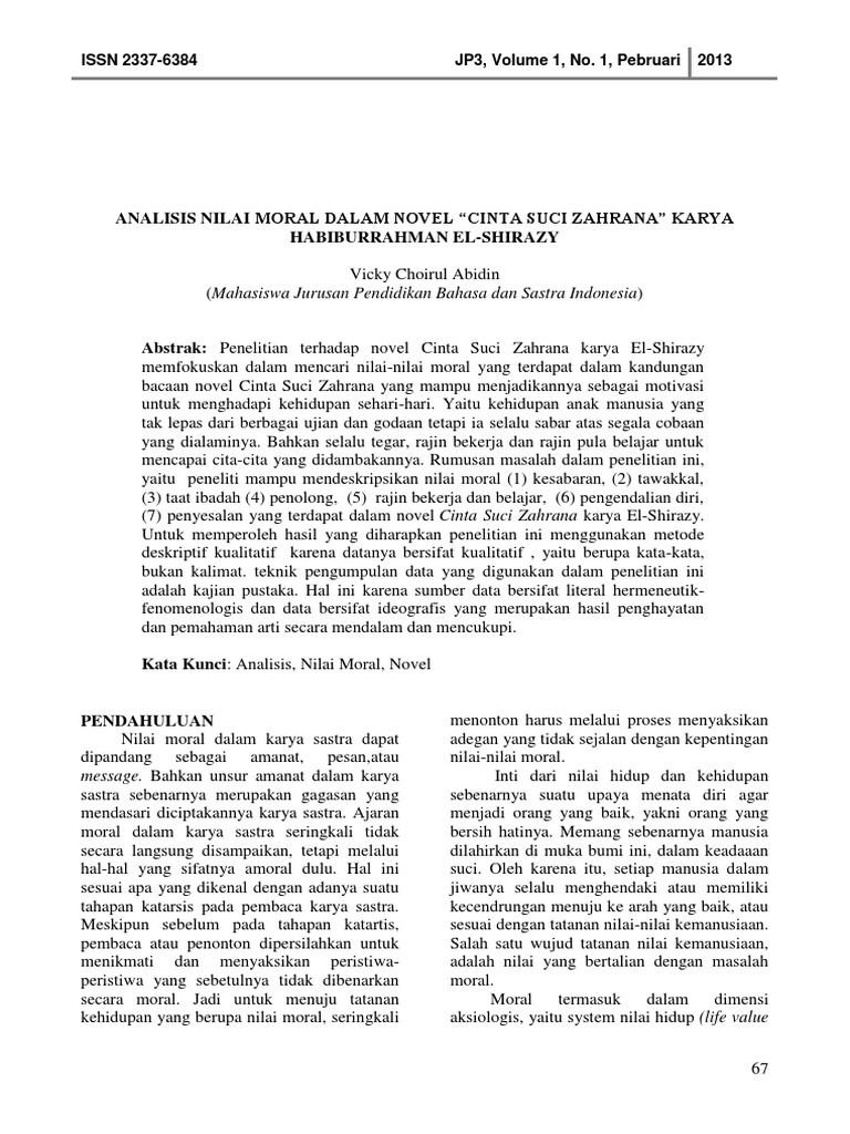 ANALISIS NILAI MORAL DALAM NOVEL “CINTA SUCI ZAHRANA