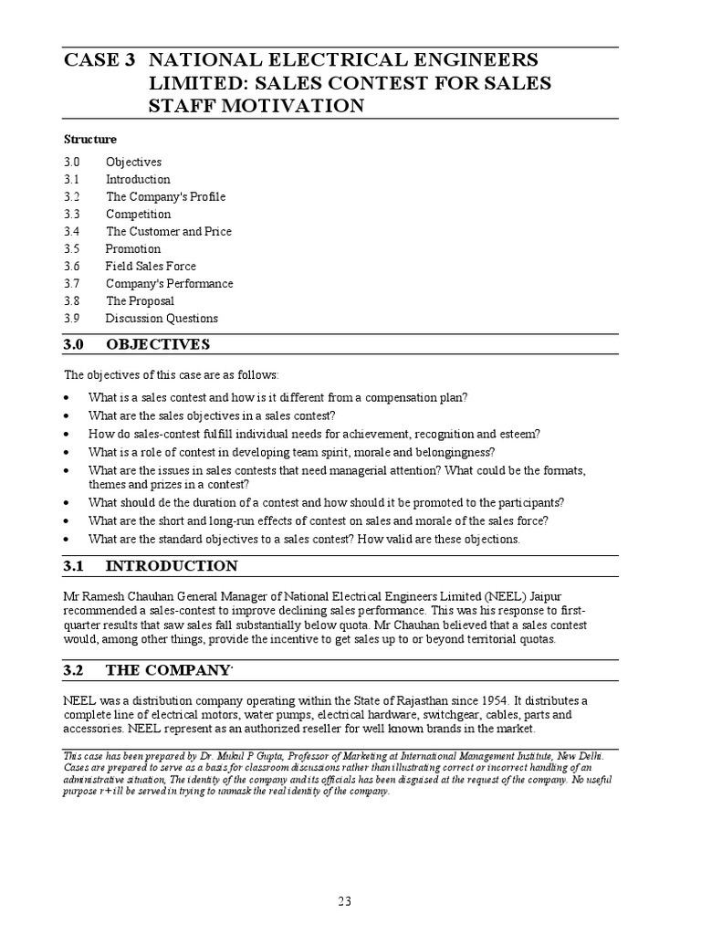 Case 3 National Electrical Engineers Limited Sales Contest For Sales Staff Motivation Pdf Sales Employment