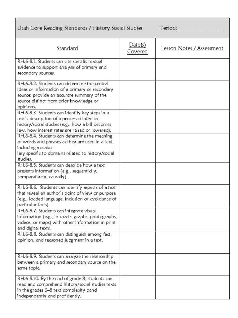 Utah Core Reading Standards / History Social Studies Period Date(s