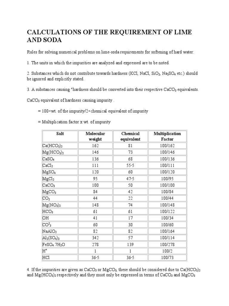 Calculations of The Requirement of Lime and Soda Sodium Carbonate