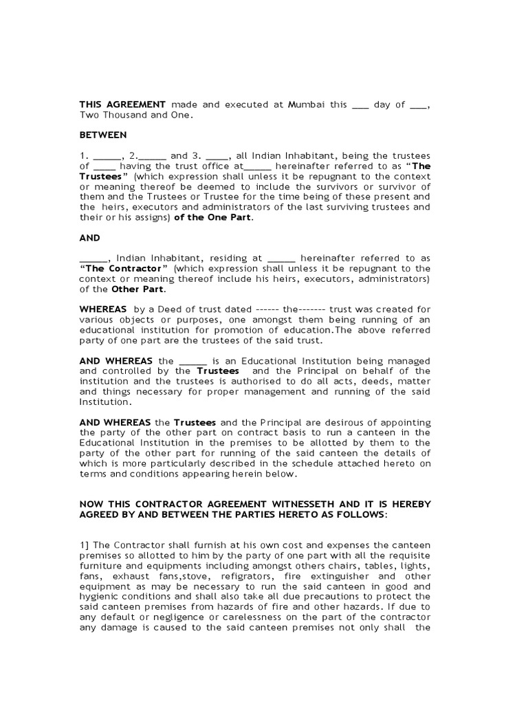 Canteen Agreement PDF Breach Of Contract Virtue