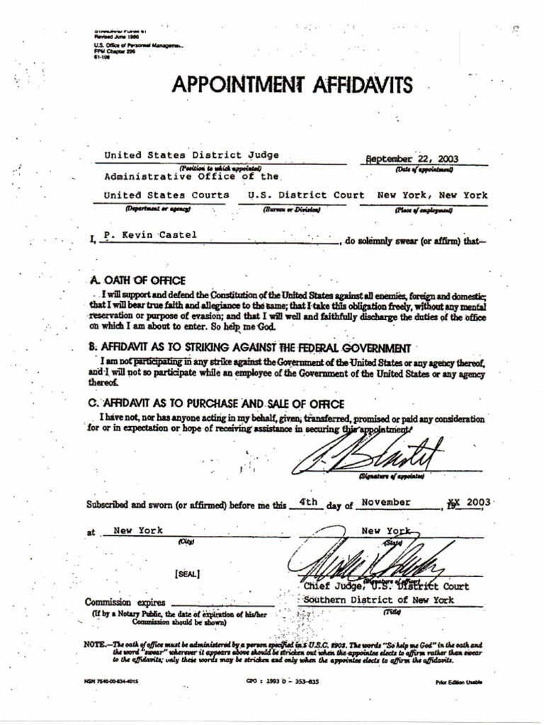 Judge P. Kevin Castel's Appointment Affidavits (September 22, 2003 ...