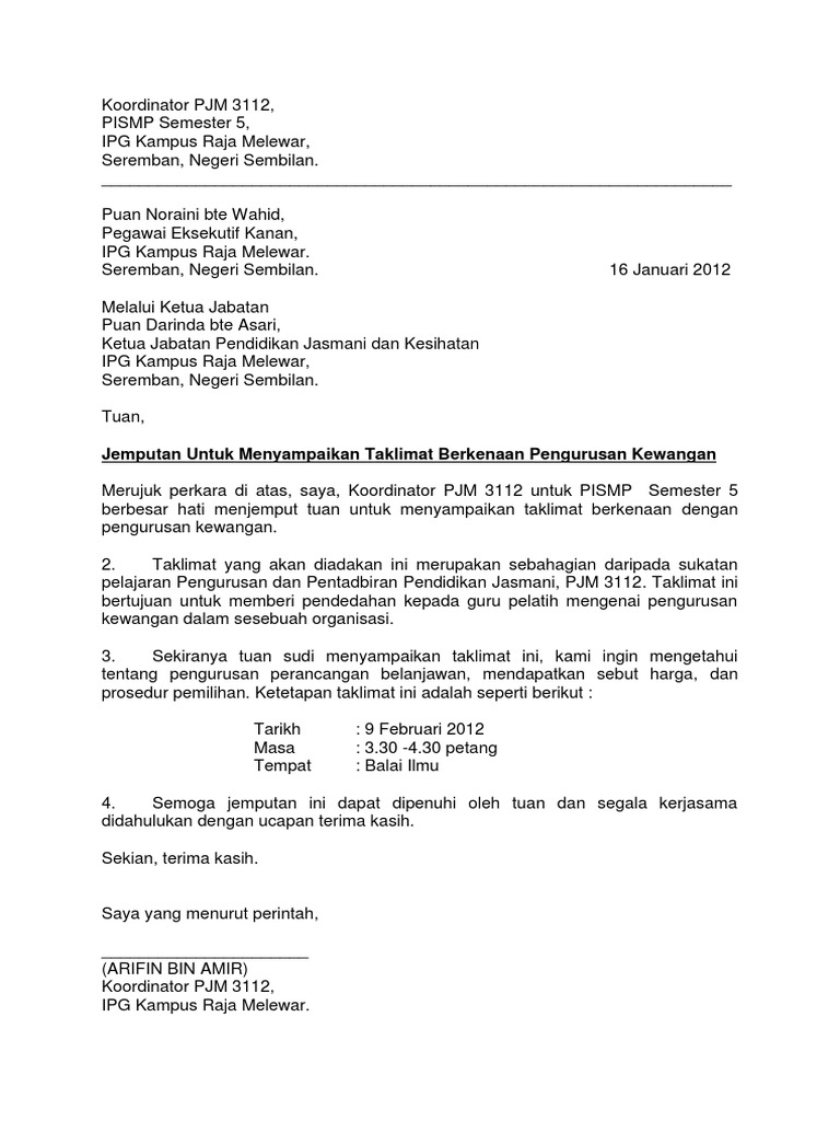 Surat Jemputan Taklimat Pengurusan Kewangan New