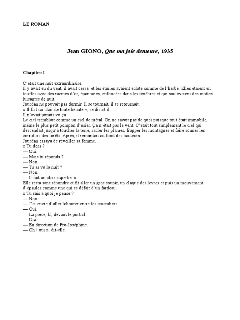 Texte De Jean Giono Que Ma Joie Demeure 1935 Pdf