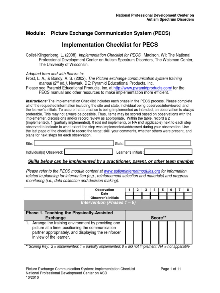 PECS Implementation Checklist Guide | PDF | Autism Spectrum | Applied ...
