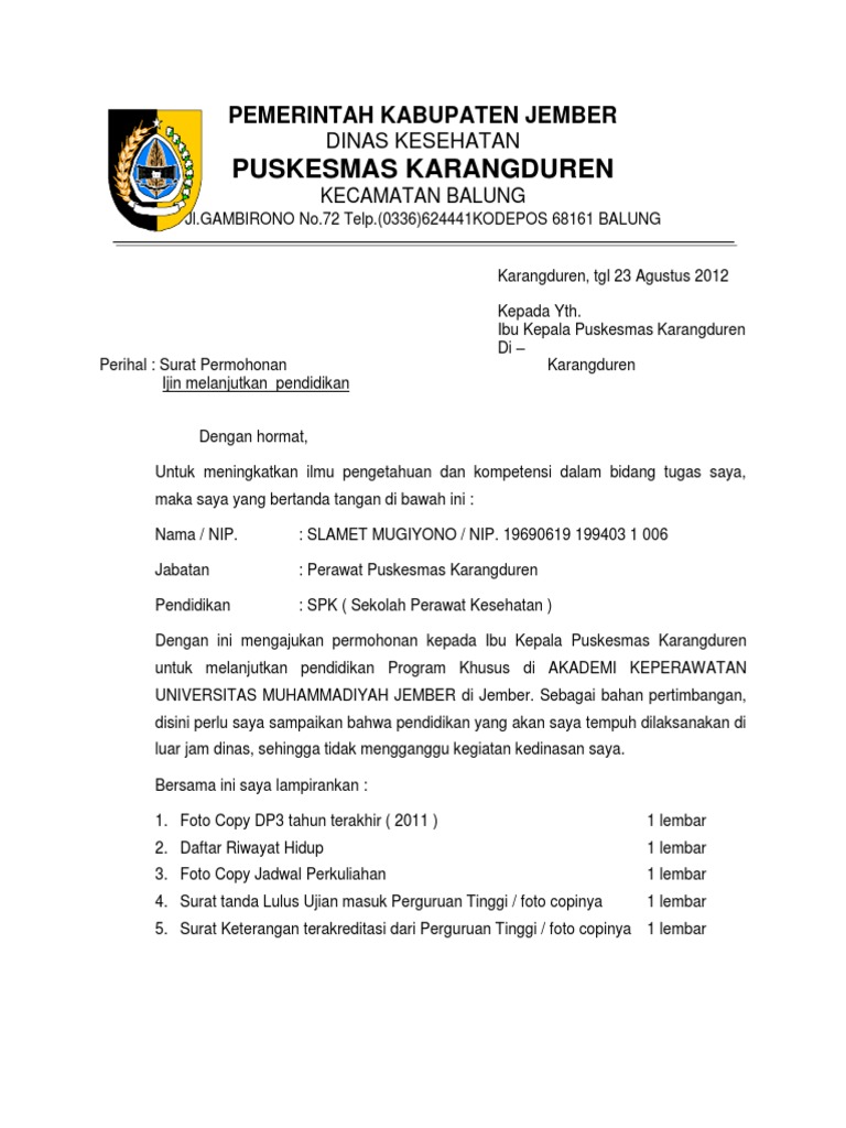 Contoh Surat Ijin Belajar Dari Dinas Pendidikan  Contoh Surat