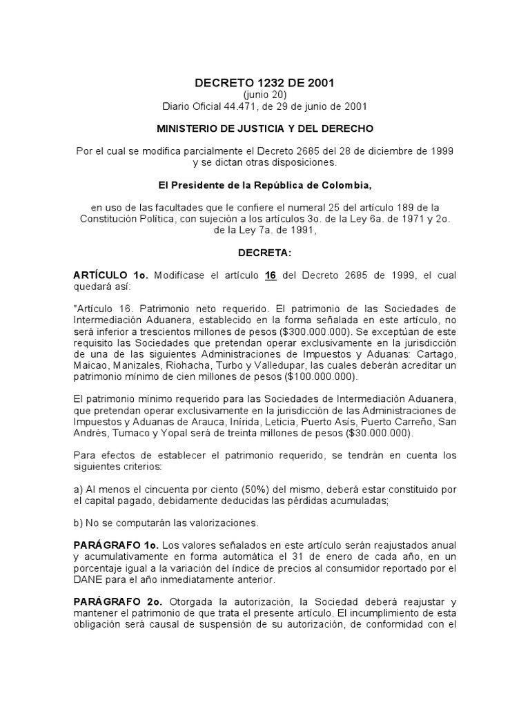 Decreto 1232 de 2001 | PDF | aduana | El comercio internacional
