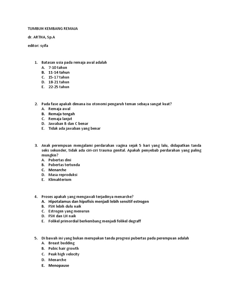 Soal Tumbuh Kembang Remaja