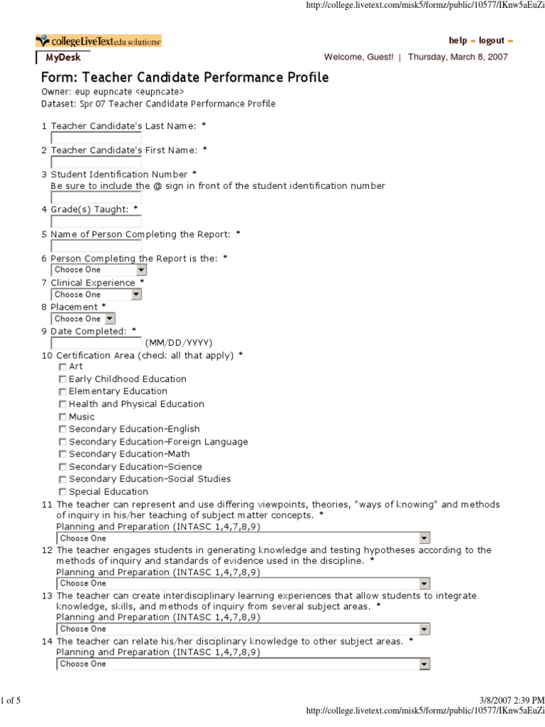 Form: Teacher Candidate Performance Profile: Mydesk | PDF | Teachers ...
