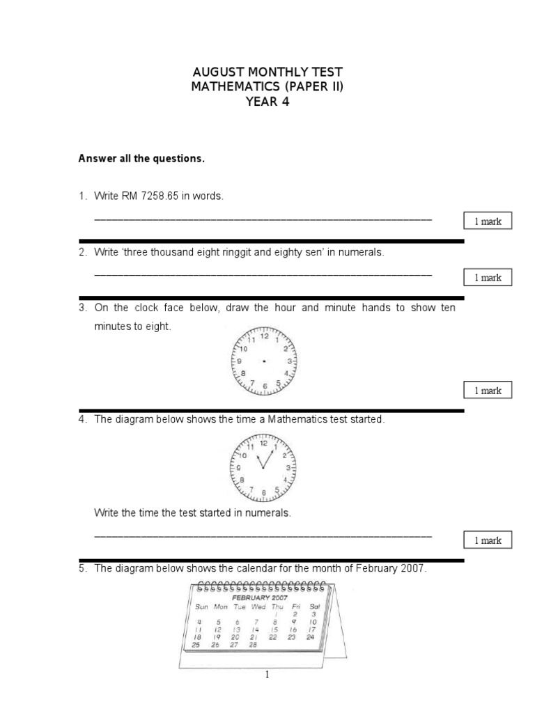 Year 4 Math Test August Paper Ii Pdf Career Growth