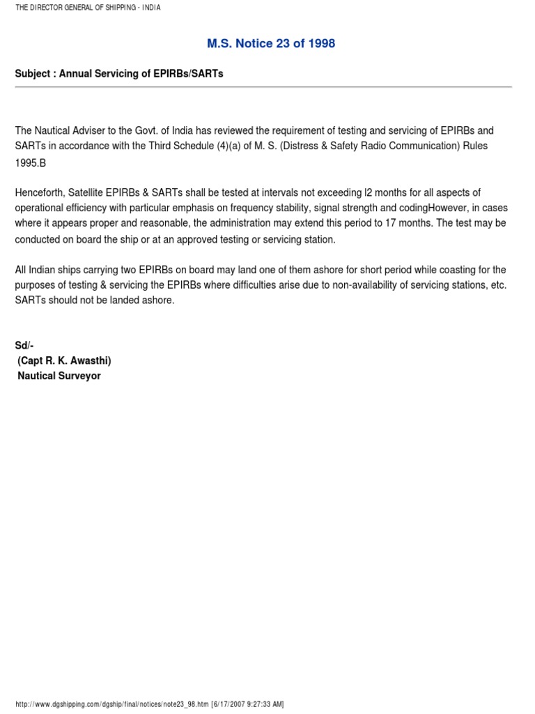 M.S. Notice 23 of 1998: Subject: Annual Servicing of Epirbs/Sarts | PDF