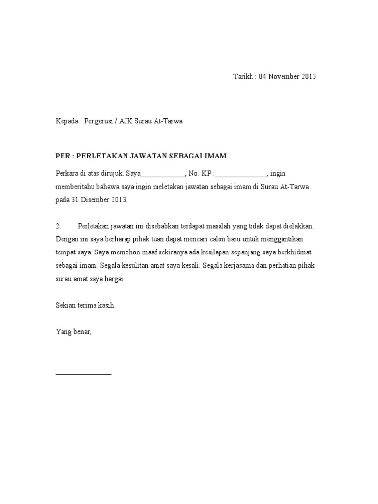 Contoh Surat Perletakan Jawatan Imam