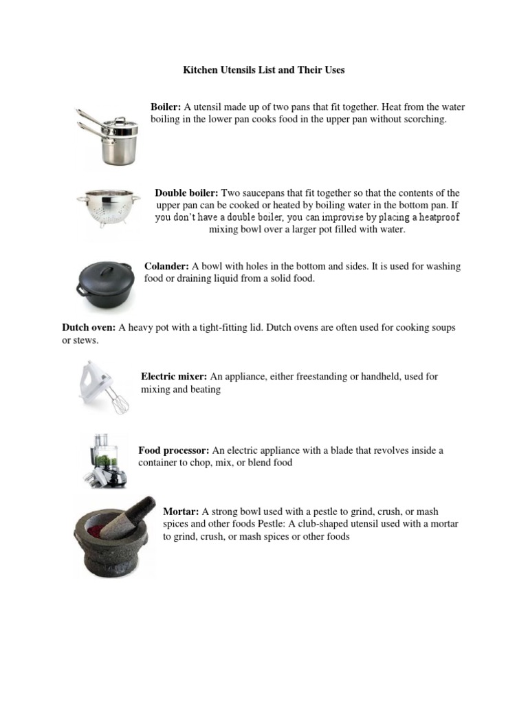 Kitchen Utensils List and Their Uses PDF Mixer (Cooking) Cookware
