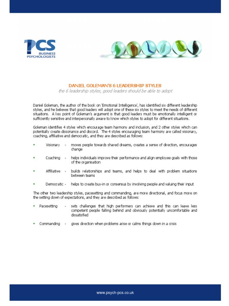 Emotional Intelligence Daniel Golemans Leadership Sty PDF | PDF