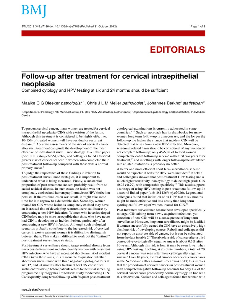 Follow-Up After Treatment For Cervical Intraepithelial Neoplasia | PDF ...