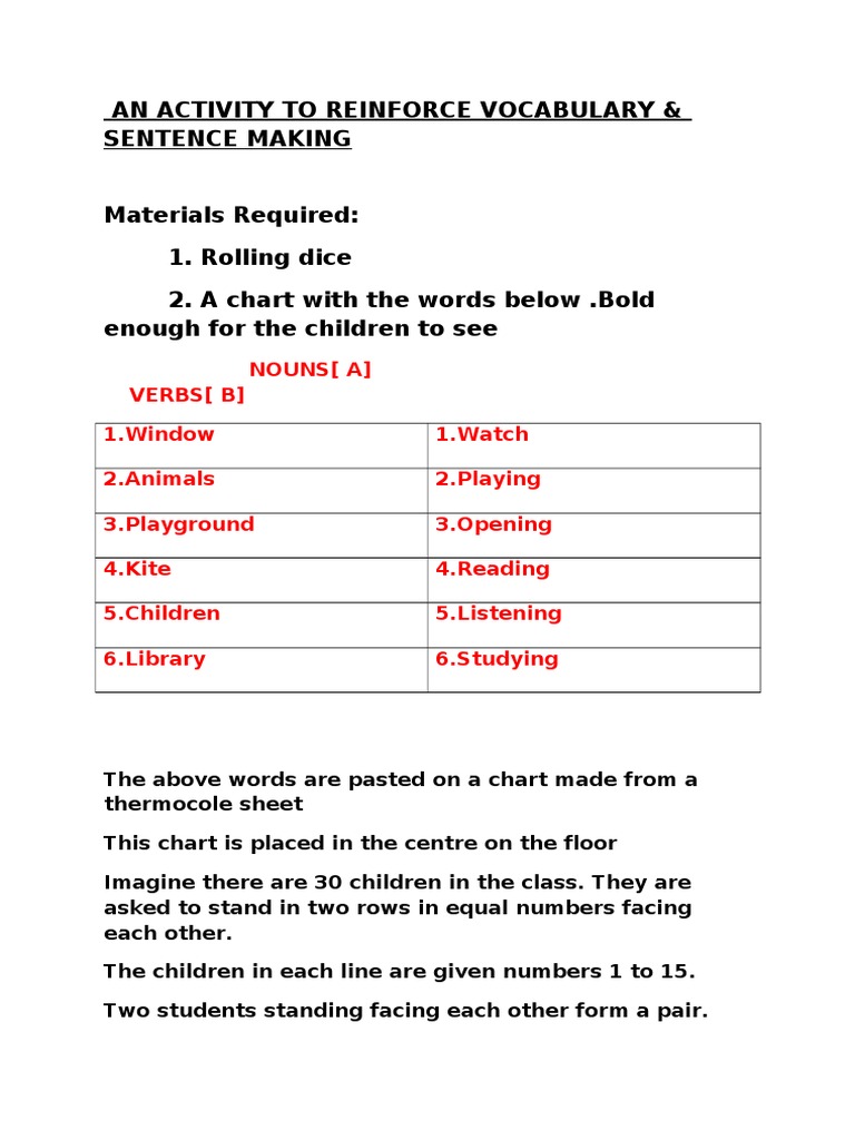 An Activity To Reinforce Vocabulary & Sentence Making | PDF