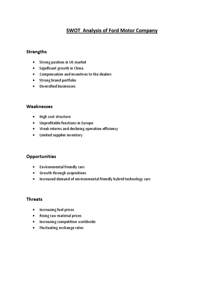 SWOT Analysis of Ford Motor Company | PDF