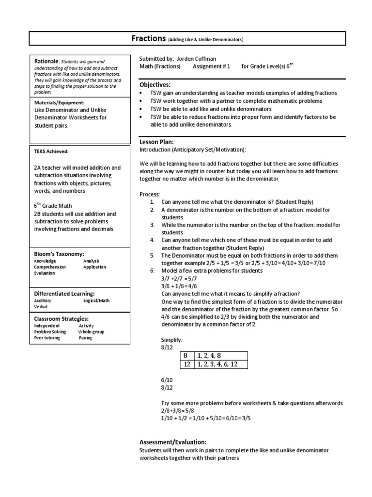 Fractions Adding Like Unlike Denominators Lesson Plan | Pdf | Fraction ( Mathematics) | Lesson Plan