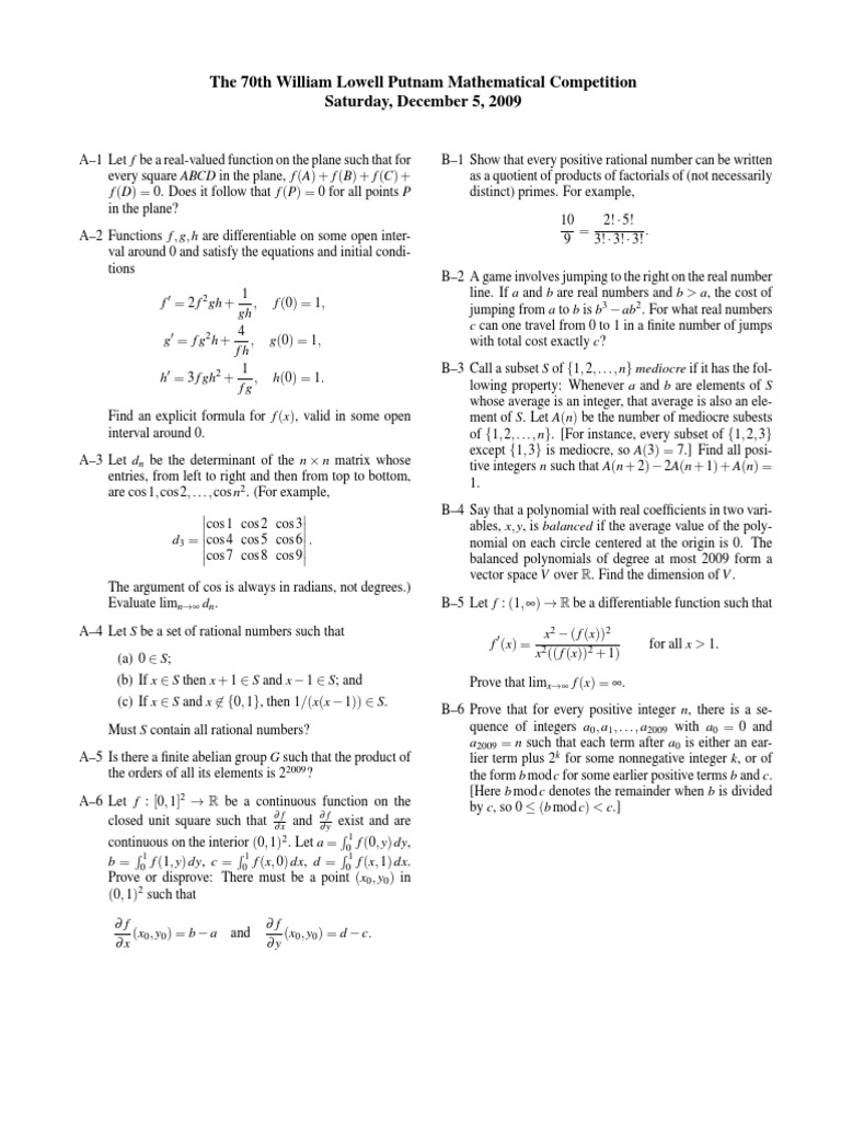 The 70th William Lowell Putnam Mathematical Competition Saturday ...