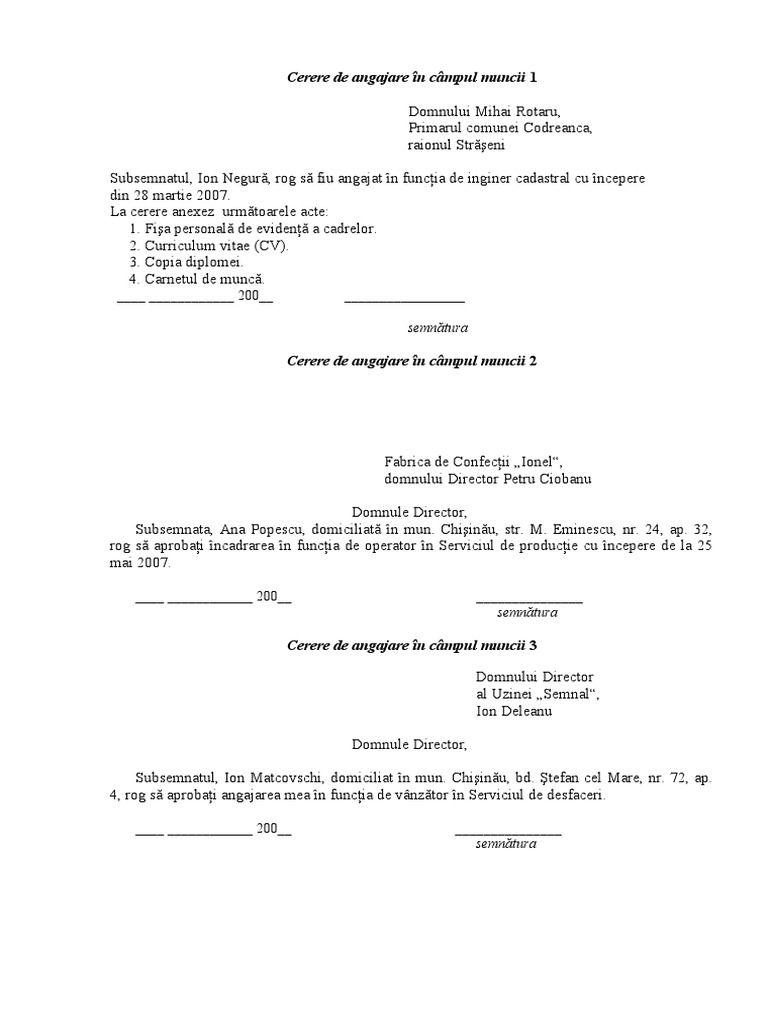 Cerere de Angajare in Cimpul Muncii | PDF