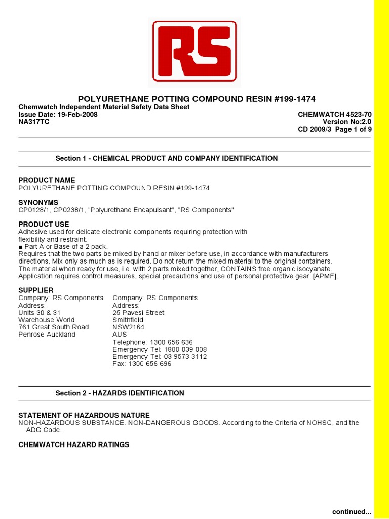 RS Potting Compound Safety Data Sheets PDF PDF Allergy Allergen