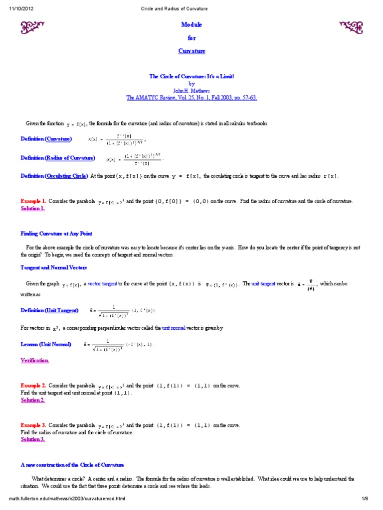 Osculating Circle and Curvature Explained | PDF | Curvature | Tangent