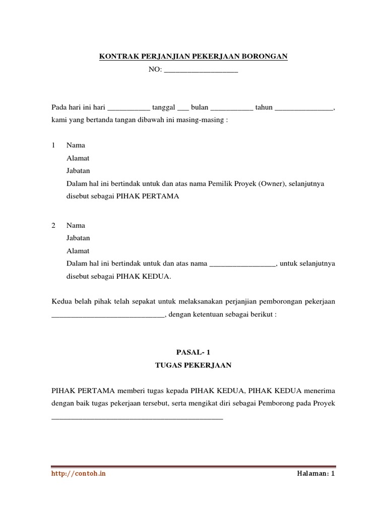 Surat Kontrak Perjanjian Pekerjaan Borongan Pdf