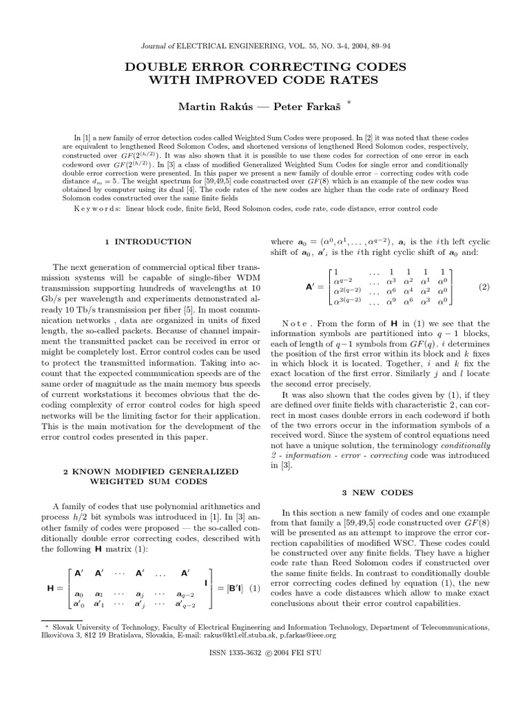Double Error Correcting Codes With Improved Code Rates: Martin Rak Us ...