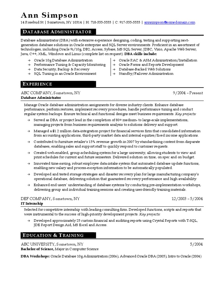Database Admin Resume Sample | PDF | Oracle Corporation | Data Management