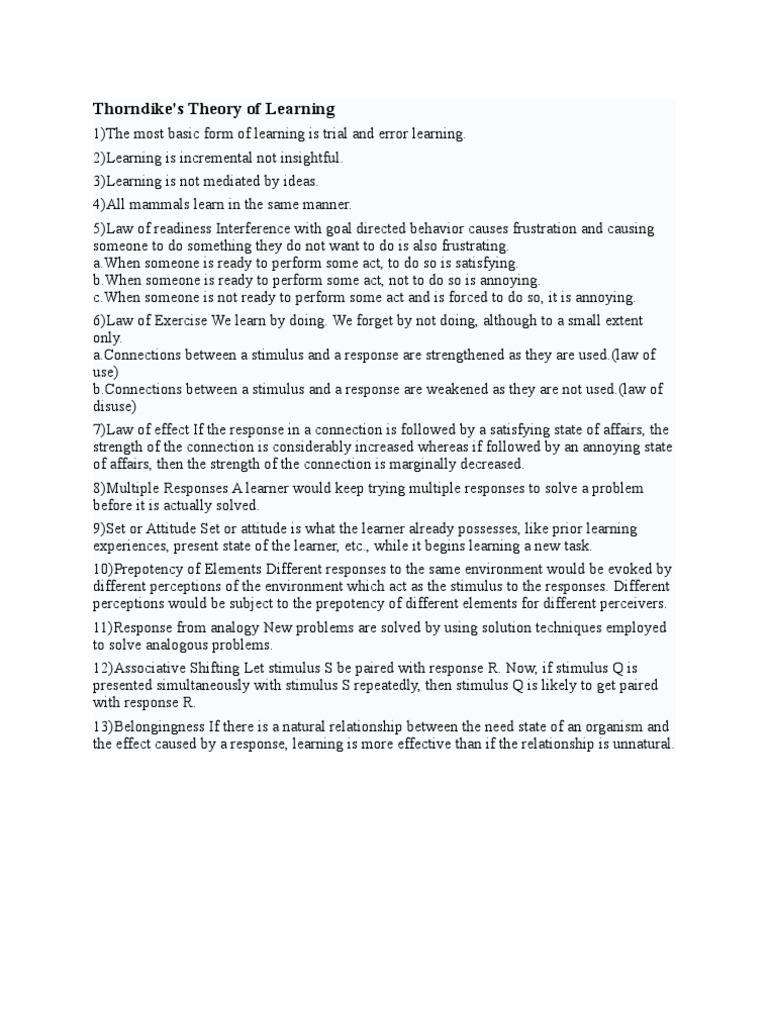 Thorndike's Theory of Learning | PDF | John Dewey | Pragmatism