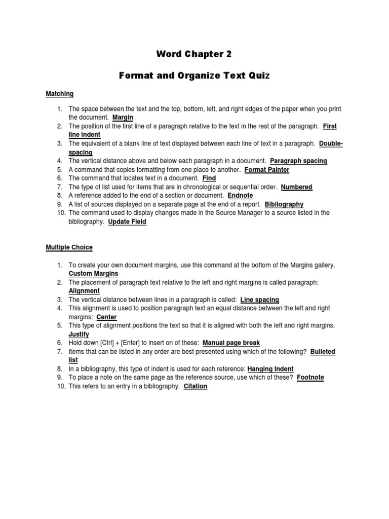 Format and Oragnize Word Quiz 2 | PDF | Paragraph | Note (Typography)